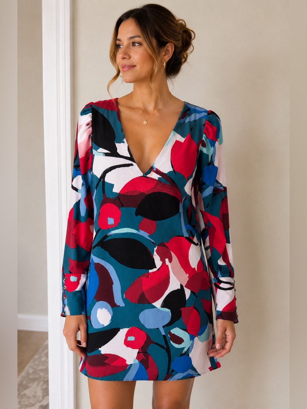 Charlie Jade Teal Multicolor V-Neck Mini Dress